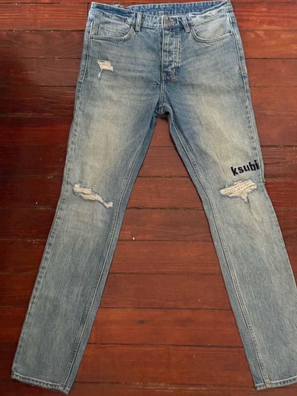 Ksubi Men's Washed Light Blue Skinny Jeans with Rips